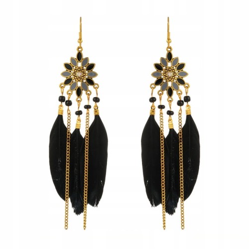 Kolczyki BOHO z czarnymi piórkami długie łańcuszki