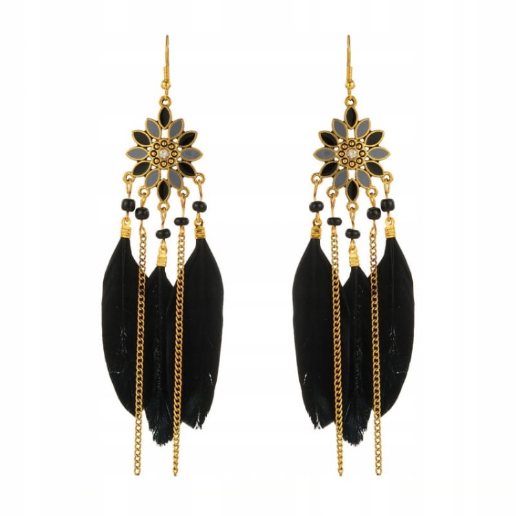 Kolczyki BOHO z czarnymi piórkami długie łańcuszki
