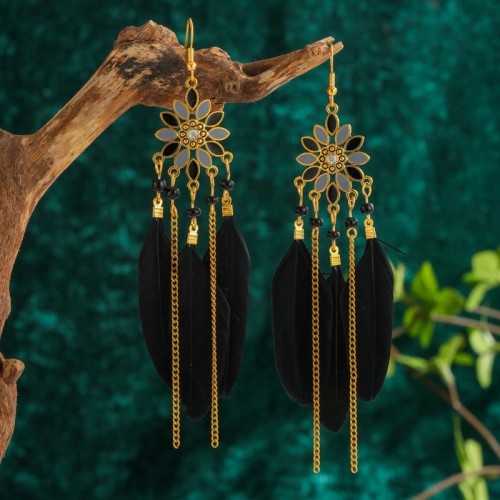 Kolczyki BOHO z czarnymi piórkami długie łańcuszki