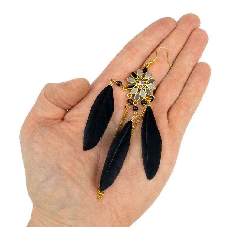 Kolczyki BOHO z czarnymi piórkami długie łańcuszki