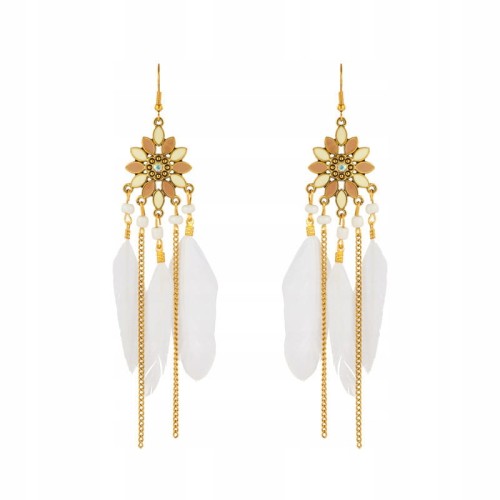 Kolczyki BOHO z białymi piórkami łańcuszki długie