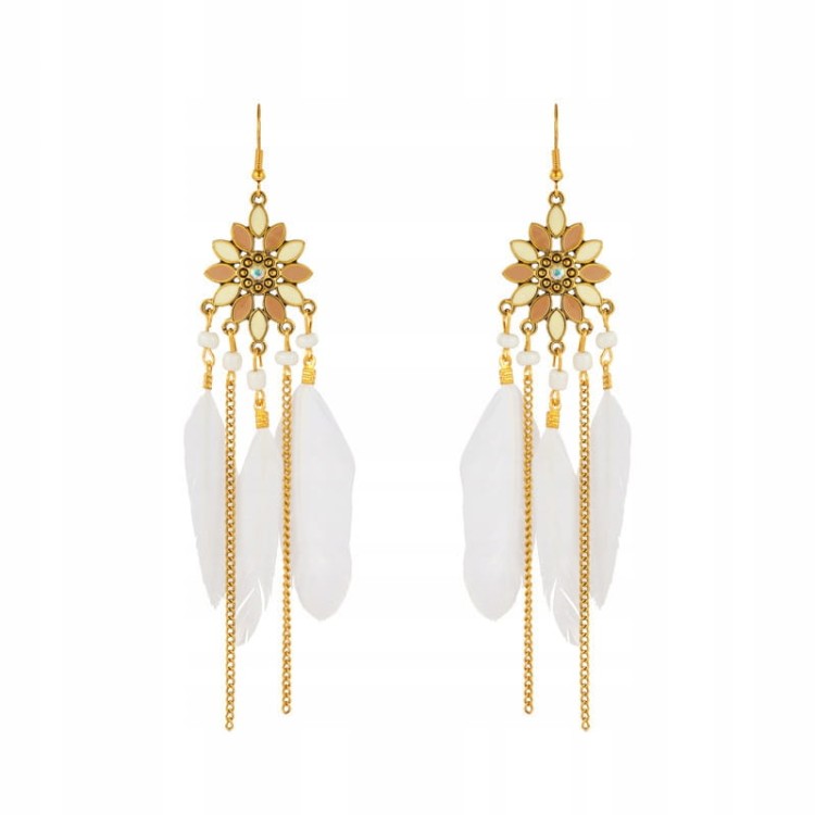 Kolczyki BOHO z białymi piórkami łańcuszki długie