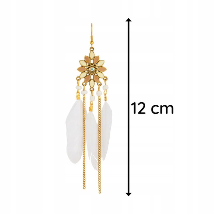 Kolczyki BOHO z białymi piórkami łańcuszki długie