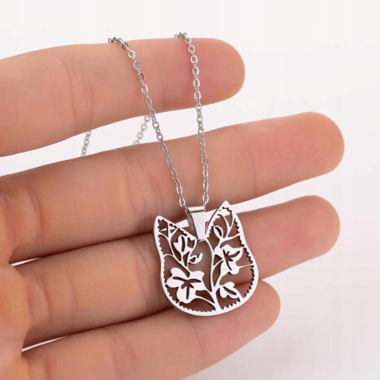 Naszyjnik Zawieszka srebrny Kot Kotek liście