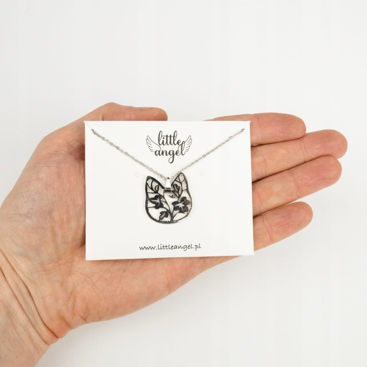 Naszyjnik Zawieszka srebrny Kot Kotek liście