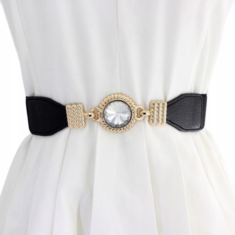 Pasek elastyczny damski czarny Cyrkonia zapinany