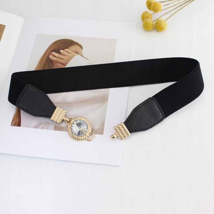 Pasek elastyczny damski czarny Cyrkonia zapinany