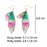 Kolczyki Skrzydła złote różowe brokat listki Motyl