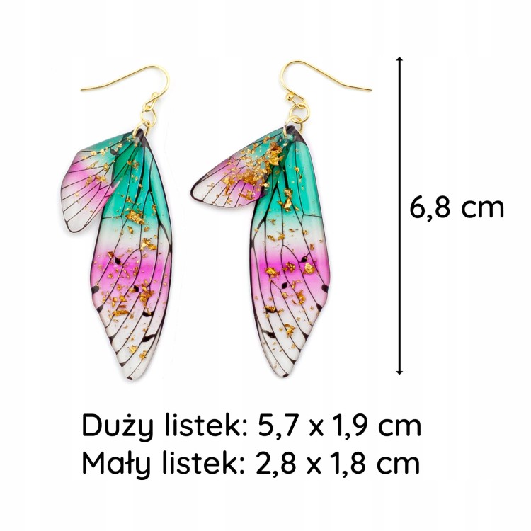 Kolczyki Skrzydła złote różowe brokat listki Motyl