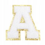 NASZYWKA duża LITERA A biała ze złotym brokatem puchata