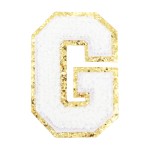 NASZYWKA duża LITERA G biała ze złotym brokatem puchata