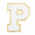NASZYWKA duża LITERA P biała ze złotym brokatem puchata
