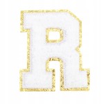 NASZYWKA duża LITERA R biała ze złotym brokatem puchata