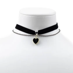 Choker zamszowy czarny ze srebrnym łańcuszkiem i złoto czarnym serduszkiem