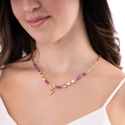 Naszyjnik fioletowy ze złotymi Serduszkami kobiecy elegancki pozłacany 14K