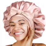 Satynowy Czepek do spania z kokardą różowy ochronny zabezpieczający włosy