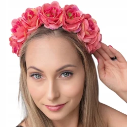 Opaska kwiatowa koralowo-różowa na głowę styl boho duże kwiaty wianek