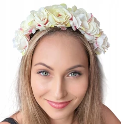 Opaska kwiatowa kremowo różowa na głowę duże kwiaty styl boho wianek