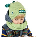 Komplet dziecięcy zimowy szalik i czapka z Dinozaurem zielony
