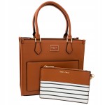 Torebka damska brązowa z paskiem i kosmetyczką w paski elegancka na ramię