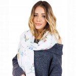 Szalik damski biały w kwiaty lekki i przewiewny duży elegancki 90x180 cm