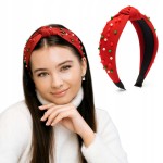 Opaska do włosów świąteczna czerwona z perełkami i węzłem ozdobna miękka