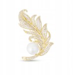 Broszka Pióro z Perłą Cyrkonie Miedziana Pozłacana Elegancka Damska