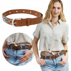 Pasek damski brązowy zdobiony styl boho etno HIT do jeansów sukienki