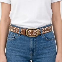Pasek damski skórzany brąz z ćwiekami modny vintage stylowy do jeansów