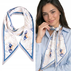 Elegancki szal damski satynowy kwiaty niebieski 145 cm apaszka krawatka