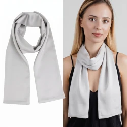 Elegancki szal satynowy damski srebrny 145 cm lekki modny krawatka