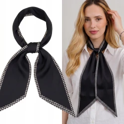 Wąska Apaszka Satynowa Czarna z Pepitką Na Szyję Elegancka Krawatka