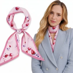 Apaszka Damska Satynowa Różowa Szalik Kwiaty Elegancki 147 cm