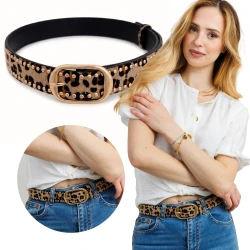 Pasek Damski Leopard Panterka Złota Klamra Ćwieki do Jeansów Sukienki