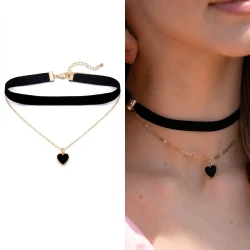 Choker Damski Czarny Aksamit Serce Złoty Naszyjnik Regulowany