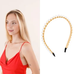 Opaska Damska Do Włosów Złota Z Białymi Szklanymi Koralikami Elegancka