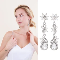 Kolczyki Wiszące Srebrne z Kryształkami Kwiatowe Na Wesele Eleganckie