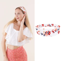 Opaska do włosów Szeroka w Kwiaty Biała z Gumką Damska Boho